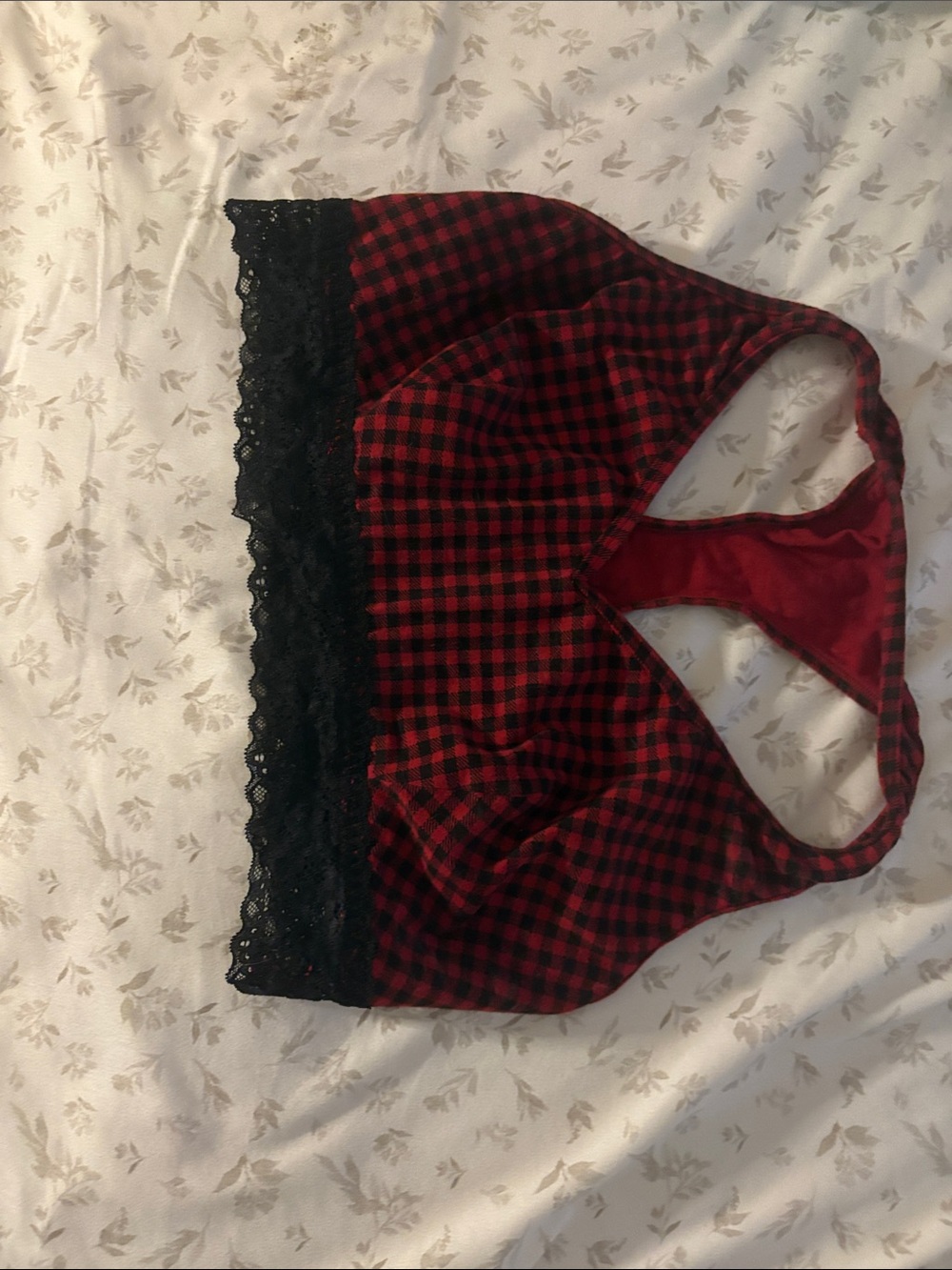 Maurices Red and Black Plaid Lace-Trim Bralette